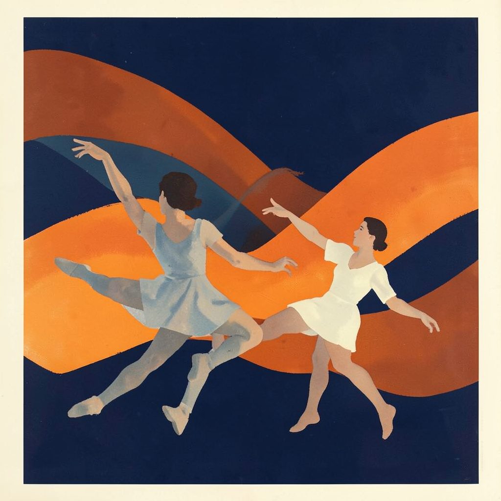 A matte gouache poster painting of dancers in soft motion against a deep navy backdrop, with broad ribbons of burnt orange, muted blue-gray and cream.